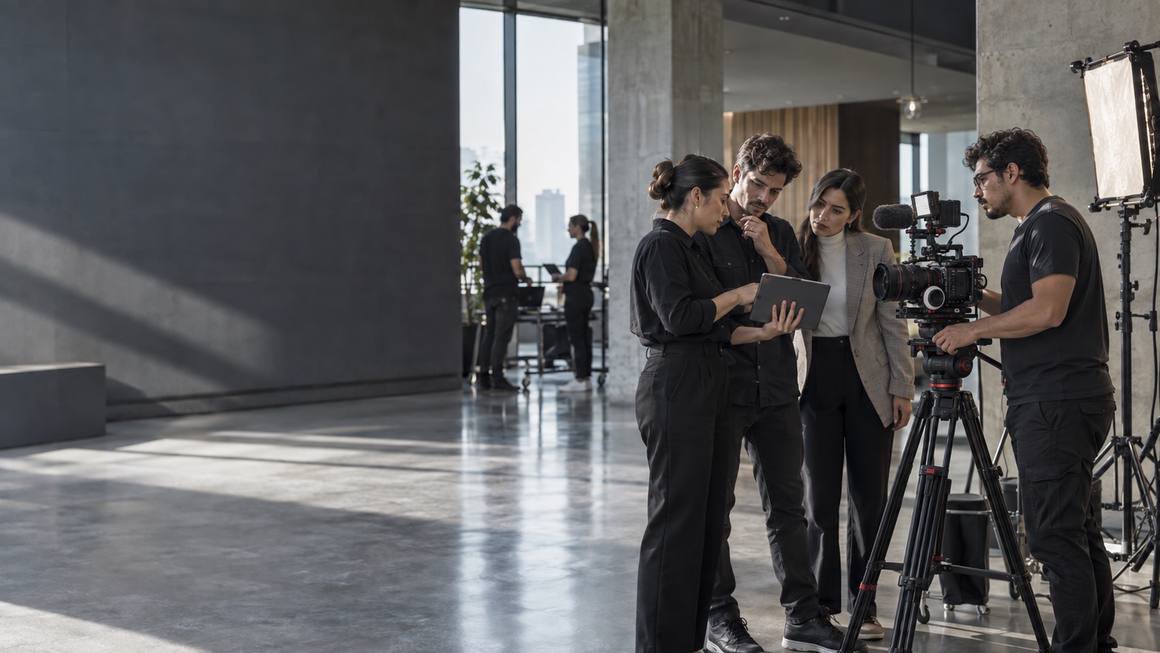 Equipo de producción audiovisual de Filmmen preparando una grabación corporativa